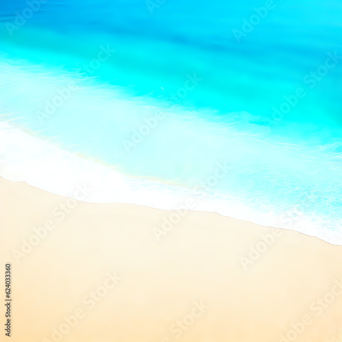 summer beach background with sand, abstract sand beach from above with light blue transparent water wave and sun lights, summer vacation background concept banner with copy space, AI generated
