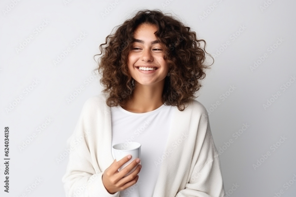 Content woman enjoying a cup of coffee, white background, happy woman Generative AI Content woman enjoying a cup of coffee, white background, happy woman Generative AI