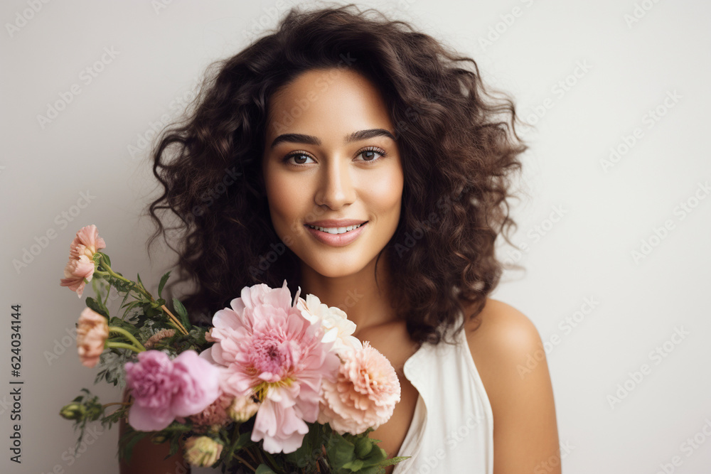 Smiling woman with flowers, white background, happy woman Generative AI