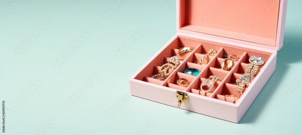 Jewelry in costume jewelry storage case isolated on pastel flat background with copy space. Creative blue pink banner template for jewelry store. Generative AI.