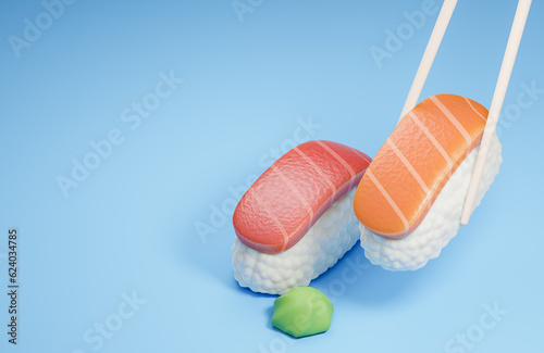 Chopsticks holding sushi on blue background. Traditional japanese food.,3d model and illustration.