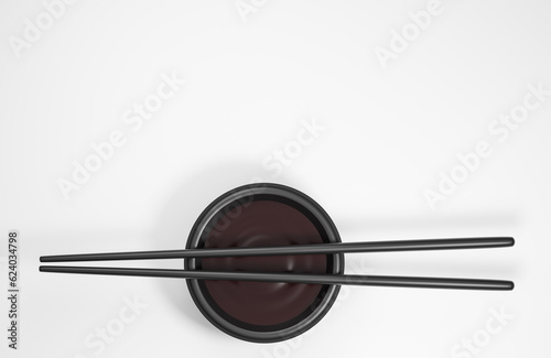 Flat lay chopsticks and soy sauce on white background. Traditional japanese food.,3d model and illustration.