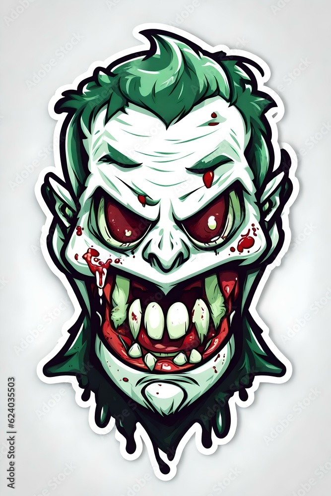Sticker of a scary zombie monster head. (AI-generated fictional illustration)
