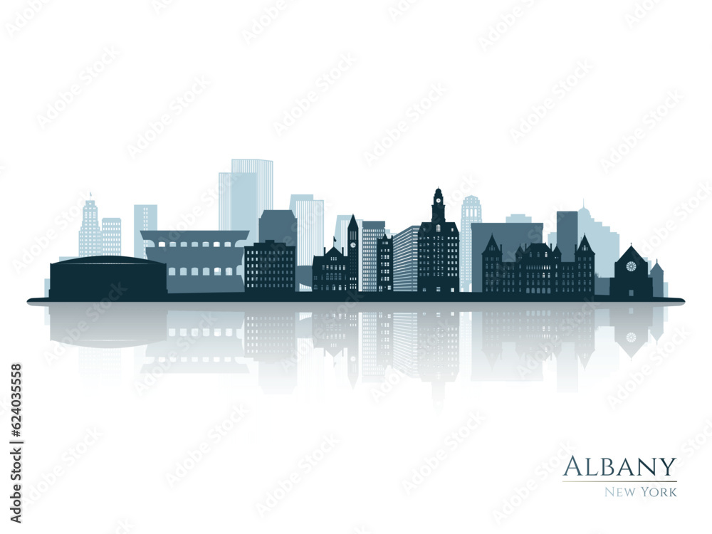 Albany skyline silhouette with reflection. Landscape Albany, New York. Vector illustration.