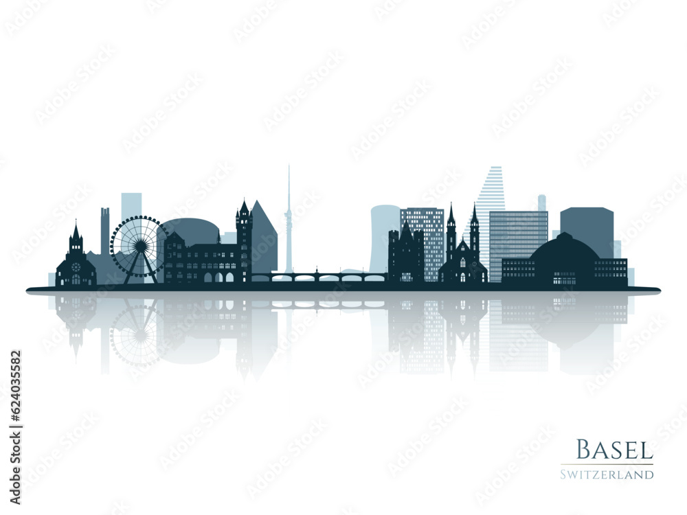 Fototapeta premium Basel skyline silhouette with reflection. Landscape Basel, Switzerland. Vector illustration.