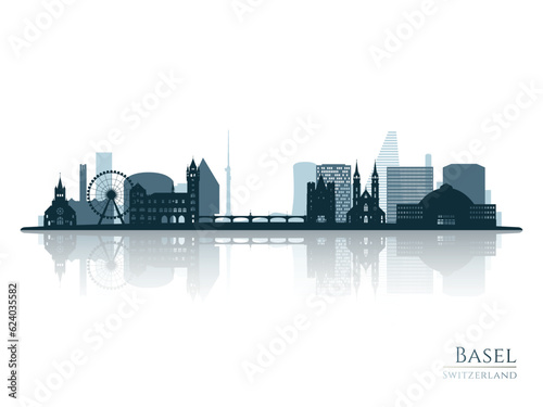 Basel skyline silhouette with reflection. Landscape Basel, Switzerland. Vector illustration.