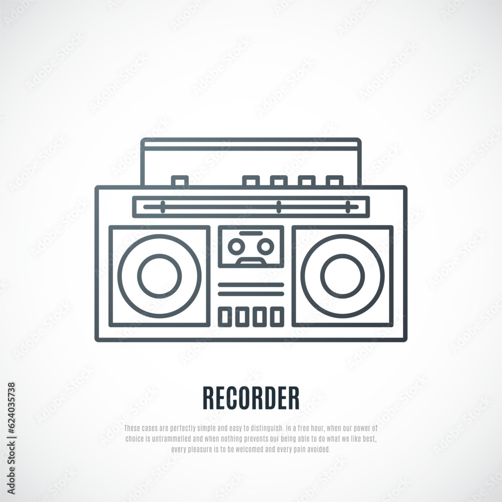 Retro radio tape recorder. Vintage boombox icon. Vector music emblem.