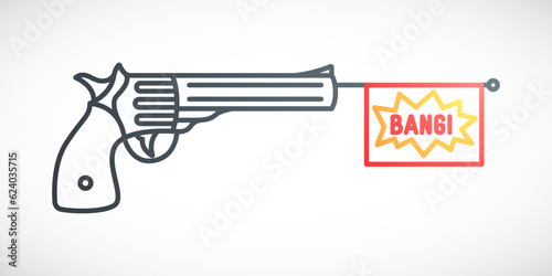Revolver with bang flag. Liner Gun illustration. Vector weapon emblem in line style.