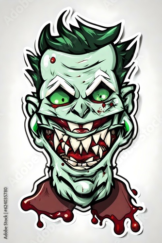 Sticker of a scary zombie monster head. (AI-generated fictional illustration)
