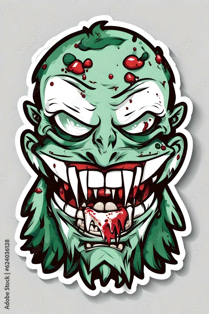 Sticker of a scary zombie monster head. (AI-generated fictional illustration)
