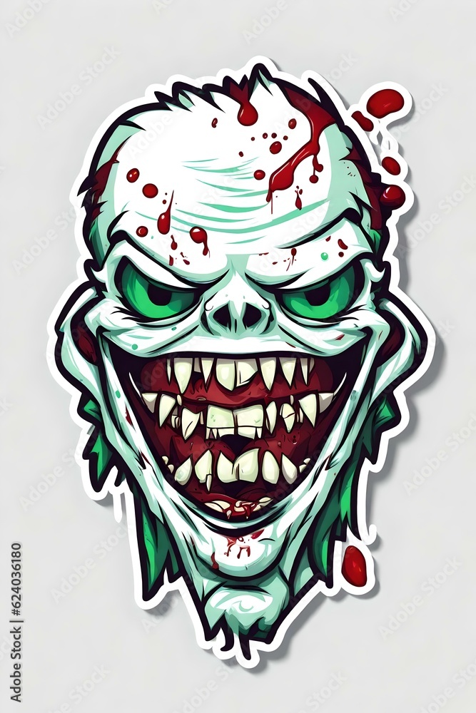 Sticker of a scary zombie monster head. (AI-generated fictional illustration)
Sticker of a scary zombie monster head. (AI-generated fictional illustration)