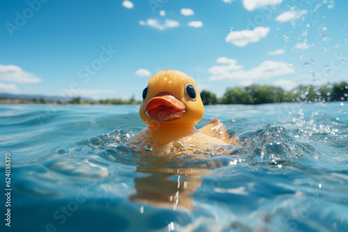 Playful rubber duck floats on blue water, adorned with sparkling droplets Generative AI