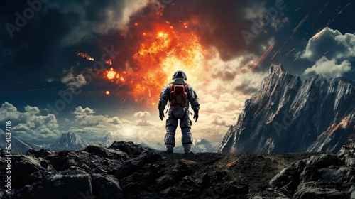 A lone astronaut is standing on a desolate planet. Generative AI