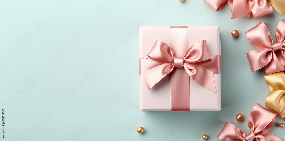 Square gift box with silk glossy bow ribbon. Pastel color palette, copy space. Promotion banner for advertising company. Top view. Generative AI 3d render illustration. Square gift box with silk glossy bow ribbon. Pastel color palette, copy space. Promotion banner for advertising company. Top view. Generative AI 3d render illustration.