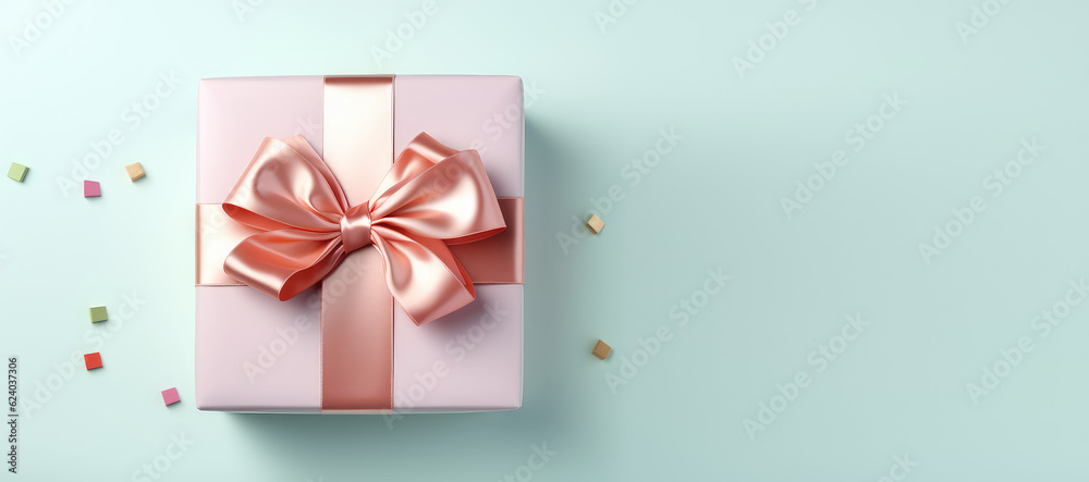 Square gift box with silk glossy bow ribbon. Pastel color palette, copy space. Promotion banner for advertising company. Top view. Generative AI 3d render illustration. Square gift box with silk glossy bow ribbon. Pastel color palette, copy space. Promotion banner for advertising company. Top view. Generative AI 3d render illustration.