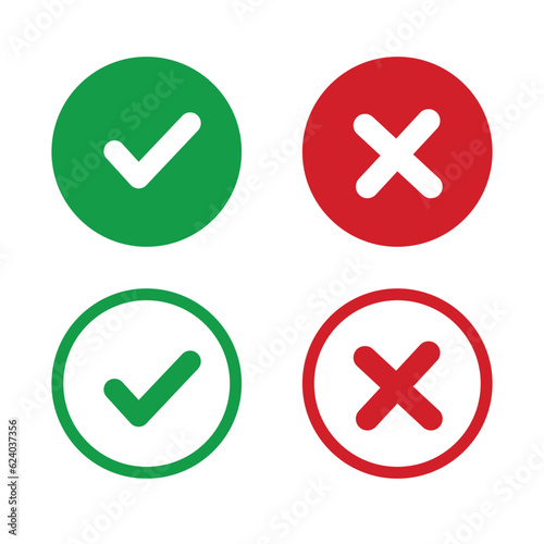 Green tick symbol and red cross sign in circle. Green checkmark and red X icons, isolated on white background