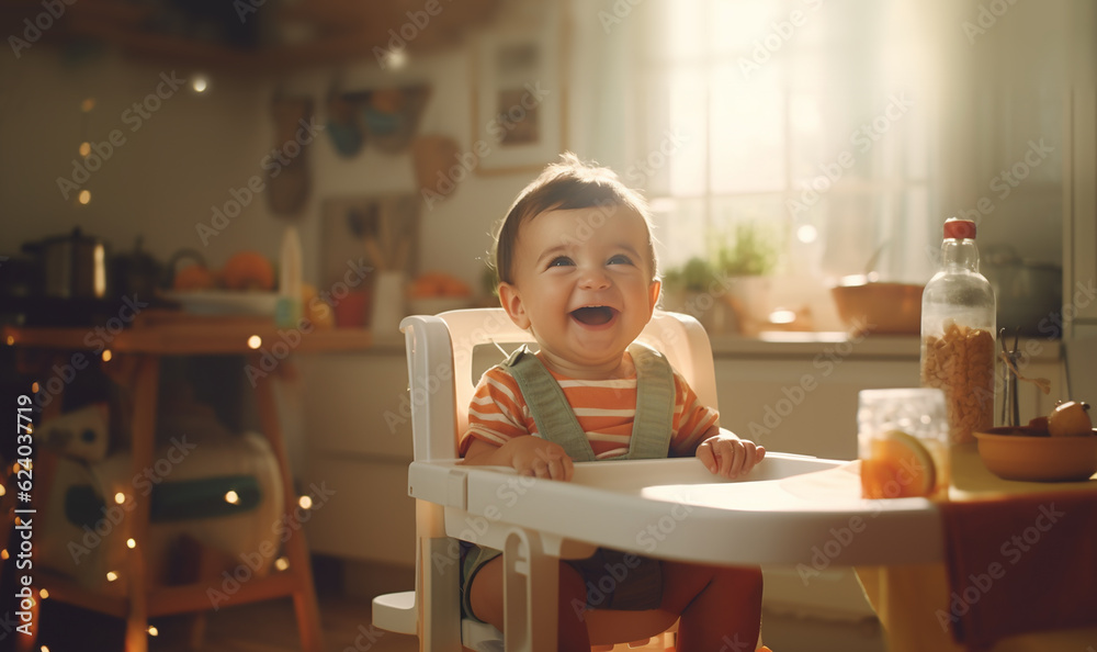 beautiful cute baby sitting in a child's chair having dinner or breakfast in living room. Happy smiling cute child eating healthy food at home