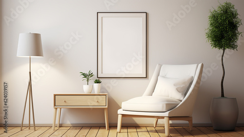 Mockup poster Interior design Wicker chair floor vases white wall blank frame Boho Bohemian style modern living room lifestyle art copy space