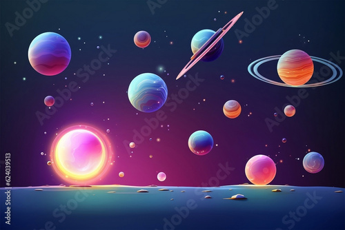 Eight cartoon 3D models of astronomical bodies on blue-purple background. Trendy futuristic backdrop for your design.