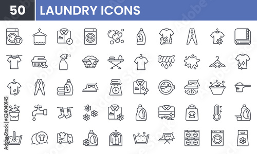 Laundry and Wash vector line icon set. Contains linear outline icons like Washer, Detergent, Clean, Machine, Dryer, Shirt, Iron, Hanger, Clothes, Softener. Editable use and stroke.