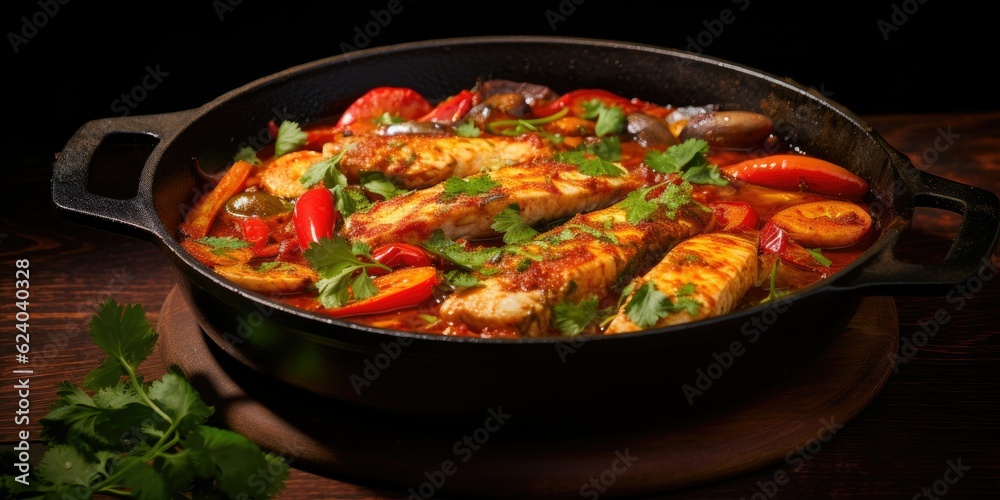 Traditional Brazilian Fish Stew - Moqueca Baiana - A Close-Up View in a Modern Design Cast-Iron Roasting Dish - Savor the Flavors of the Fish Fillet in Tomato  Generative AI Digital Illustration