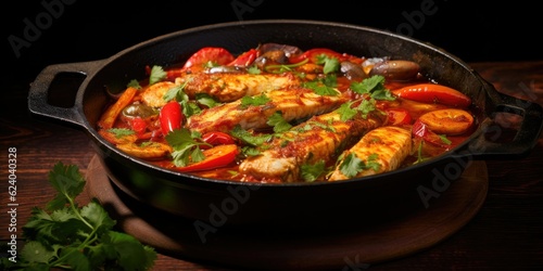 Traditional Brazilian Fish Stew - Moqueca Baiana - A Close-Up View in a Modern Design Cast-Iron Roasting Dish - Savor the Flavors of the Fish Fillet in Tomato Generative AI Digital Illustration