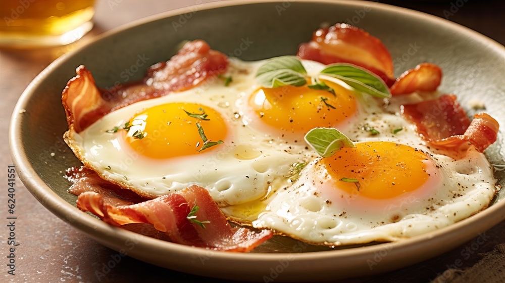 scrambled eggs with yolk in a pan with bacon, herbs and cheeses. Diet protein breakfast.
Generative AI scrambled eggs with yolk in a pan with bacon, herbs and cheeses. Diet protein breakfast.
Generative AI