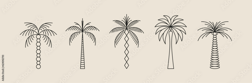 Palm tree thin line icon abstract design summer logo template modern minimal linear emblem for vacations rentals and travel services. Vector illustration