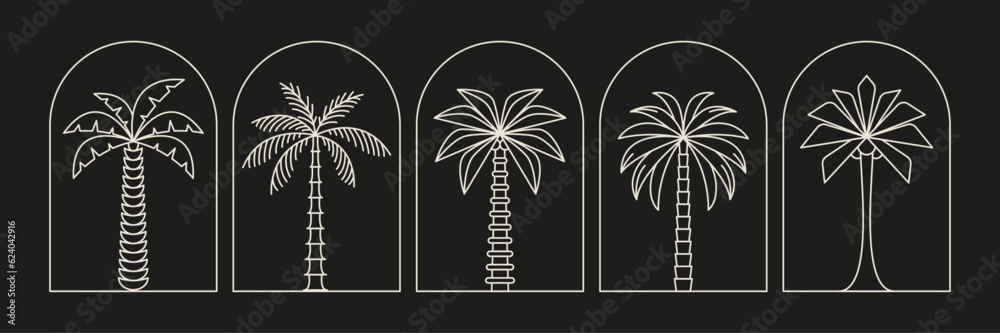 Palm tree arch thin line icon abstract design summer logo template modern minimal linear emblem for vacations rentals and travel services. Vector illustration