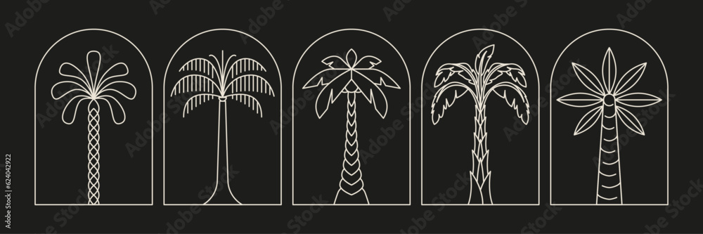 Palm tree arch thin line icon abstract design summer logo template modern minimal linear emblem for vacations rentals and travel services. Vector illustration