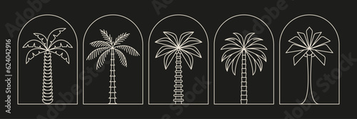 Palm tree arch thin line icon abstract design summer logo template modern minimal linear emblem for vacations rentals and travel services. Vector illustration