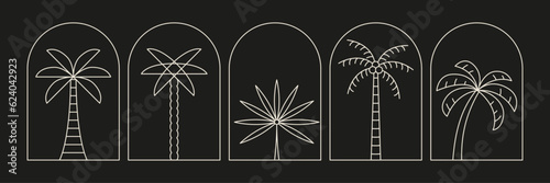 Palm tree arch thin line icon abstract design summer logo template modern minimal linear emblem for vacations rentals and travel services. Vector illustration