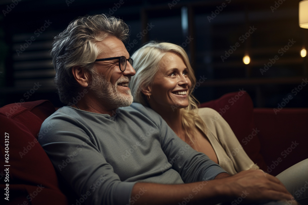 Romantic happy middle aged couple relaxing on couch at home, smiling loving mature spouses resting in cozy living room interior, embracing on sofa, enjoying weekend time together, Love affection