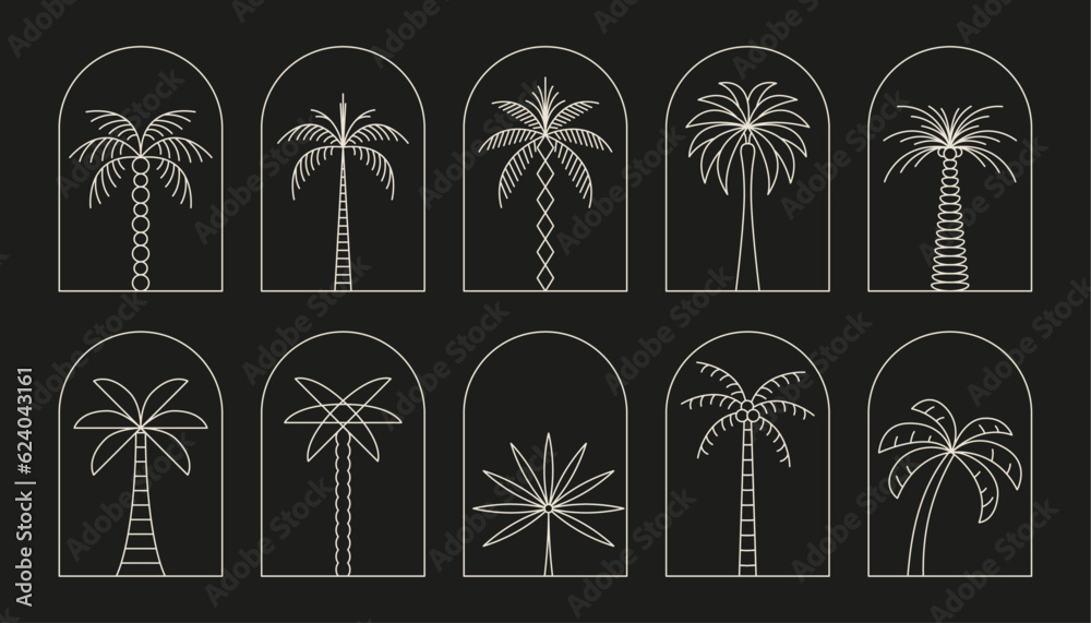 Fototapeta premium Palm tree arch thin line icon abstract design summer logo template modern minimal linear emblem for vacations rentals and travel services. Vector illustration