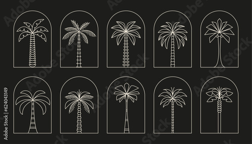 Palm tree arch thin line icon abstract design summer logo template modern minimal linear emblem for vacations rentals and travel services. Vector illustration © karnografff