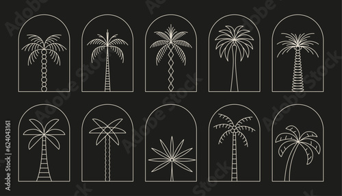 Palm tree arch thin line icon abstract design summer logo template modern minimal linear emblem for vacations rentals and travel services. Vector illustration