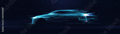 Abstract futuristic speeding sports car. Automotive banner. Low polygons, triangles, wireframes, and particle style. Vector illustration