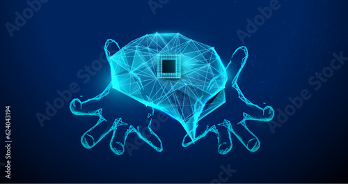Human brain with AI chip holding on hands. Artificial intelligence. Futuristic cyber technology. Low polygons, triangles, wireframes, and particle style. Vector illustration