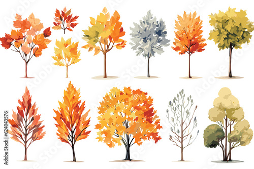 set of watercolor hand drawn autumn trees isolated on white.Generative AI.