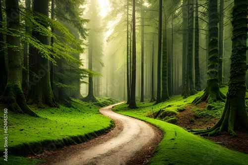 Beautiful background of trees in the forest covered with grass