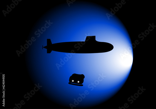 Siluetas negras de un submarino y un dron marino sobre un foco de luz azul en la oscuridad del fondo marino