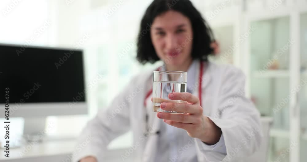 Positive doctor with stethoscope giving glass of water to patient looking in camera. Male doctor of clinic helps patient during appointment slow motion Positive doctor with stethoscope giving glass of water to patient looking in camera. Male doctor of clinic helps patient during appointment slow motion