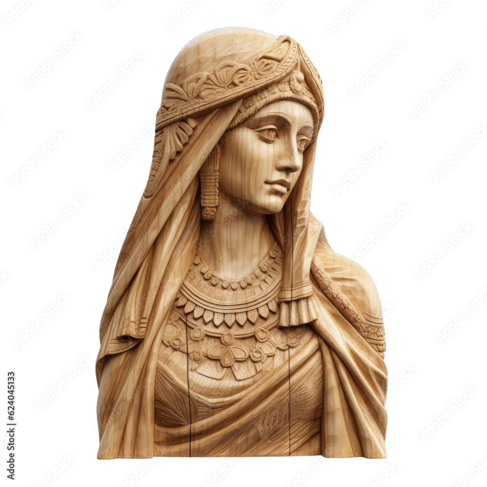 Intricate wood carving of a woman isolated on a transparent background