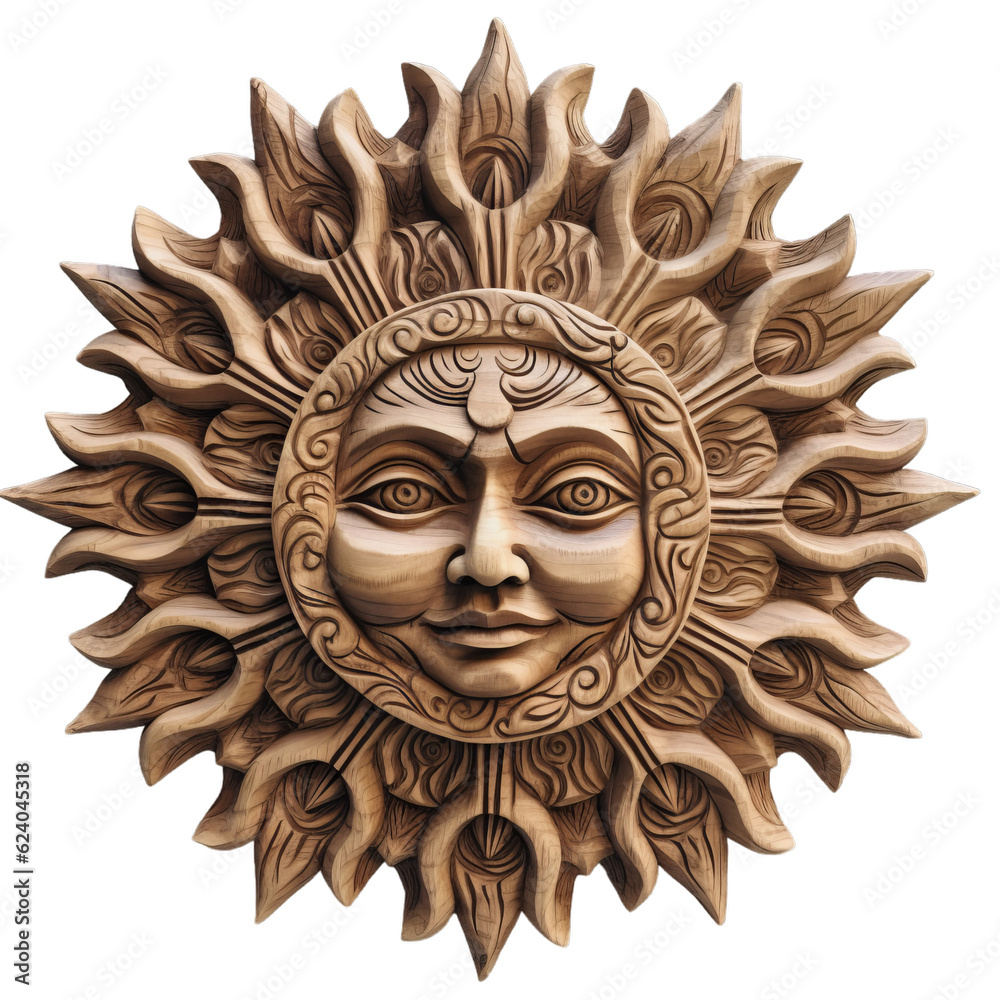 Intricate wood carving of a sun with a face isolated on a transparent background Intricate wood carving of a sun with a face isolated on a transparent background