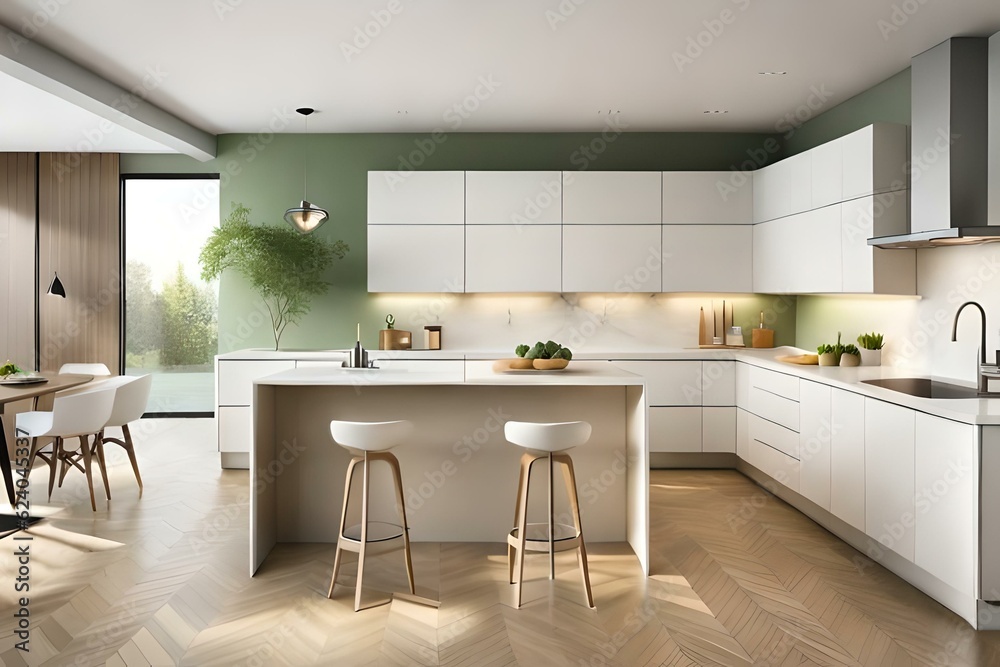 Modern spacious kitchen with a large island. There are growing herbs on the side and on the countertop. On the other side of the counter there are fruits to make something healthy. 3d render.