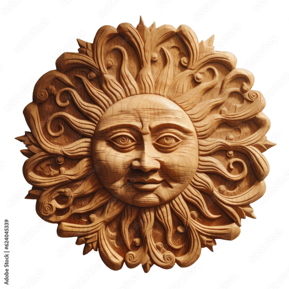 Intricate wood carving of a sun with a face isolated on a transparent background