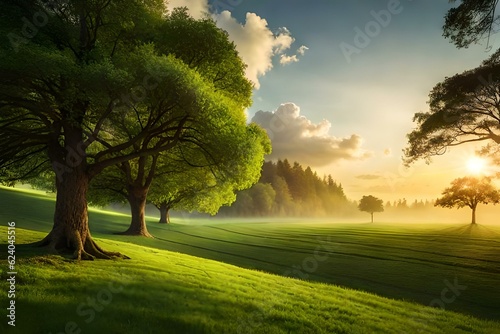 Beautiful background of trees in the forest covered with grass