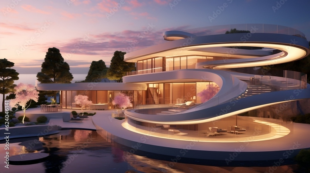 Modern minimalist round and curved shaped luxury house villa with terrace on sea shore at sunset generative ai