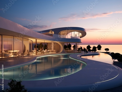 Modern minimalist round and curved shaped luxury house villa with terrace on sea shore at sunset generative ai