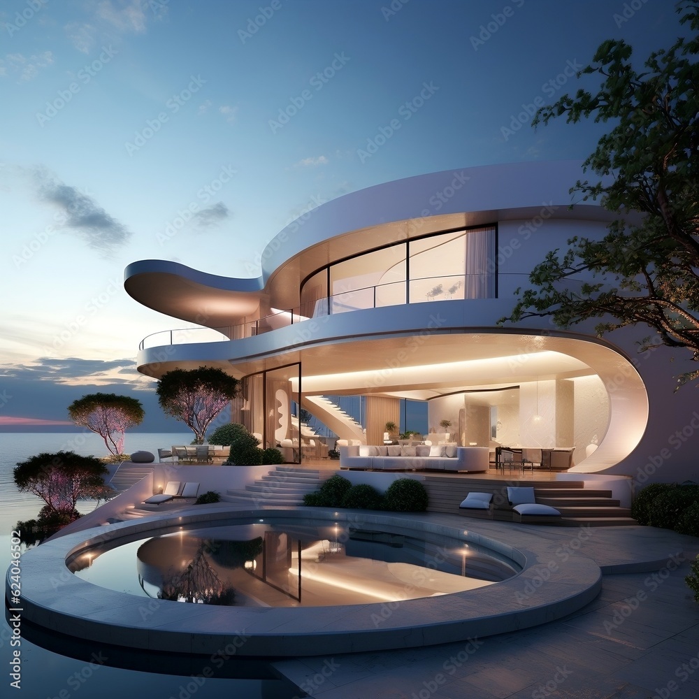 Fototapeta premium Modern minimalist round and curved shaped luxury house villa with terrace on sea shore at sunset generative ai